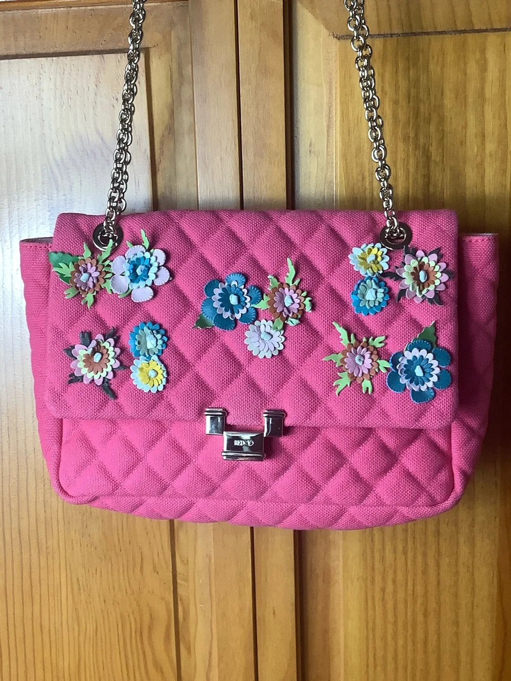 RED Valentino Quilted Hot Pink Floral-Appliqué Shoulder Bag with Gold Chain